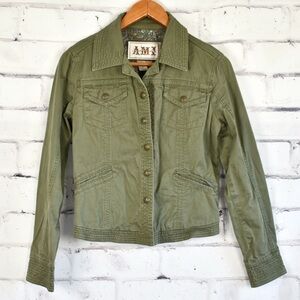 AMI Sage Green Lightweight Cotton Snap Front Military Inspired Jacket S